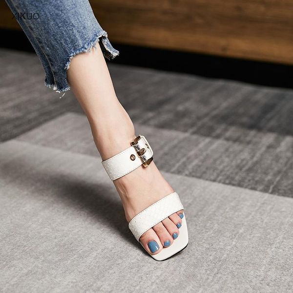 

slippers women's open toe sandals 2021 summer snake skin square high heel, Black