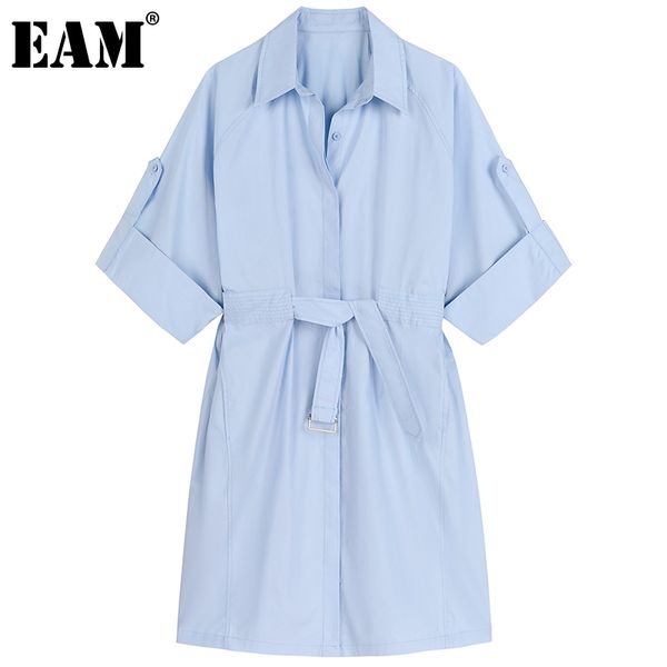 

[eam] women blue big size sashes mid-calf shirt dress lapel half sleeve loose fit fashion spring summer 1dd7794 21512, Black;gray