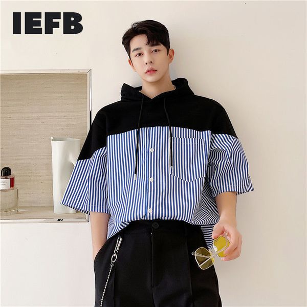 IEFB Kore Moda Patchwork Tişörtü Stil Kısa Kollu Kazaklar Gömlek Yaz Mavi Çizgili Boy Tops 9Y7228 210524