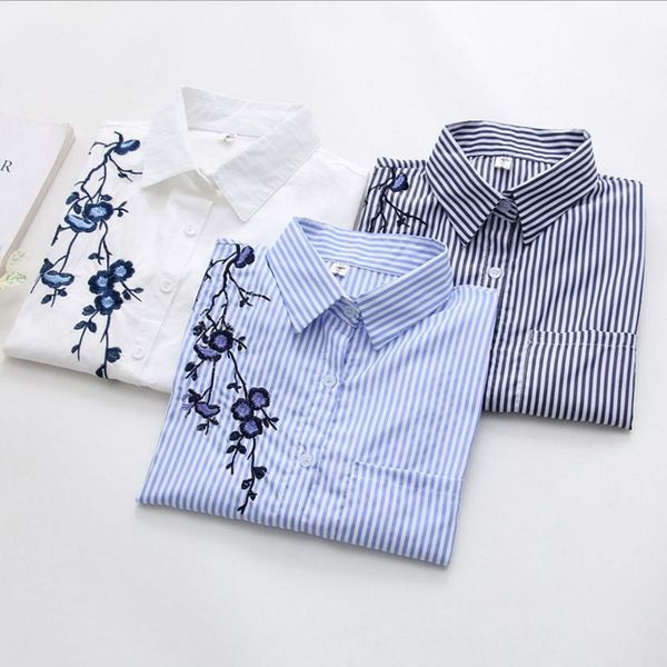 

women's blouses & shirts spring and autumn chinese style flower embroidery cotton comfortable blouse casual versatile stripe long sleev, White