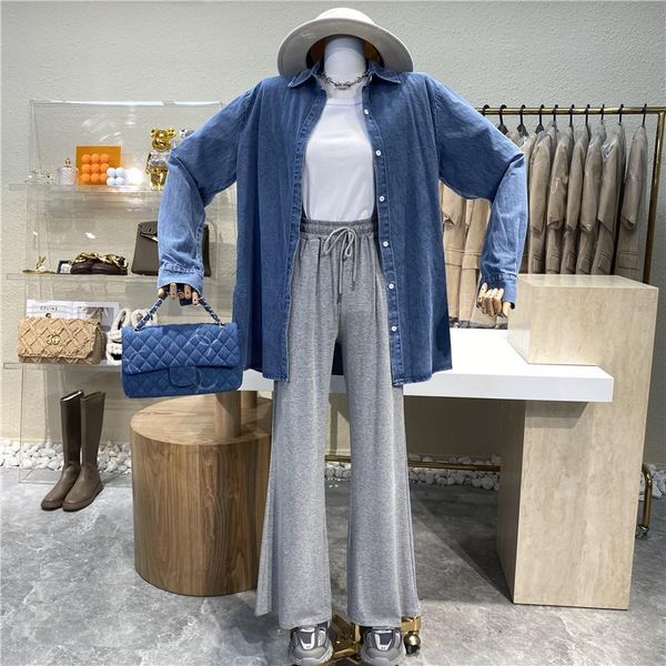 

women's two piece pants brand original design 2021 loose denim shirt + white short-sleeved t-shirt stretchy waist wide-leg suit