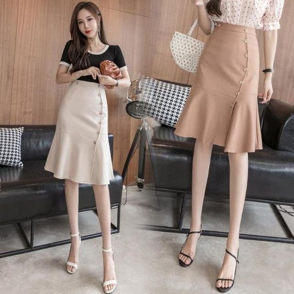 

skirts 2021 spring autumn women elegant office lady irregular midi skirt fashion single breasted high waist package hip y582, Black