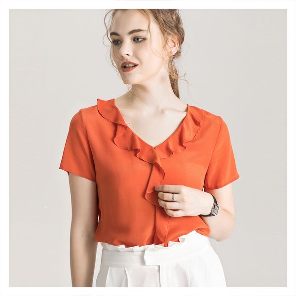 

t shirts elegant v-neck ruffle stitching solid color short-sleeved t-shirt female silk fashion all-match fungus ee summer, White