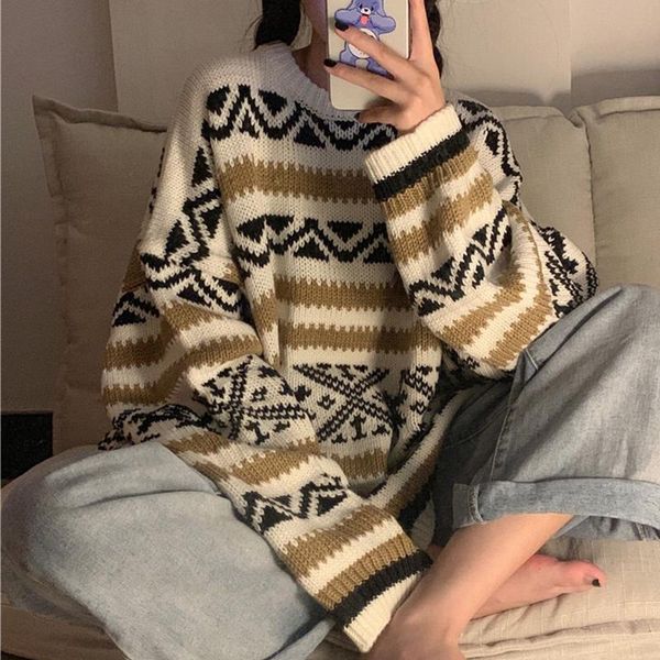

women's sweaters warm pullovers women vintage loose casual geometric retro lazy female harajuku korean style womens ulzzang chic top, White;black