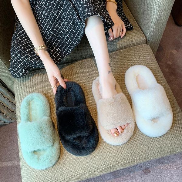 

slippers shoes low home women's platform loafers fur flip flops slides flock pantofle fashion massage plush flat 2021 luxury rub, Black