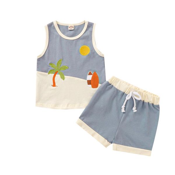 

summer sets children baby boys embroidery two piece set, kid's vest tank waist elastic lace up shorts beachwear set 6m-5t clothing, White