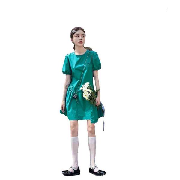 

peacock green dign small a-line short skirt summer sweet white bubble short sleeve drs, Black;gray