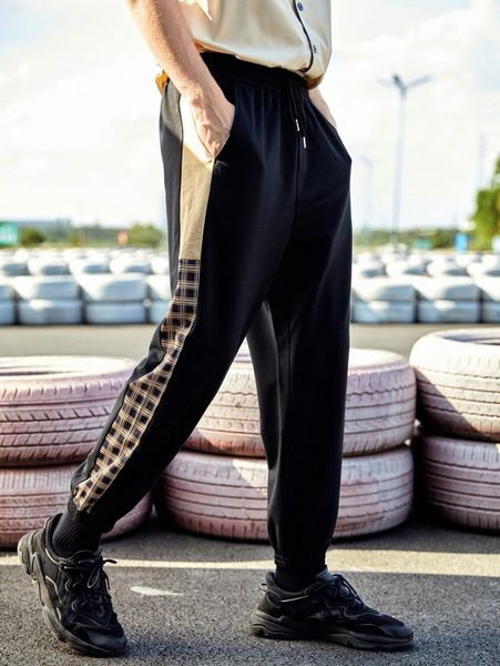 

men side panel drawstring waist sweatpants r8v8#, Black