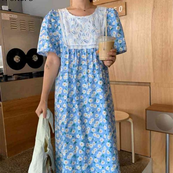 

korean elegant woman dresses crew neck lace patch retro floral print a-line femme robes short sleeve maix vestidos 210519, Black;gray
