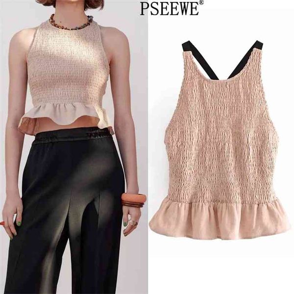 

rustic elastic crop summer woman vintage ruffle ruched sleeveless blouse women contast straps backless 210519, White