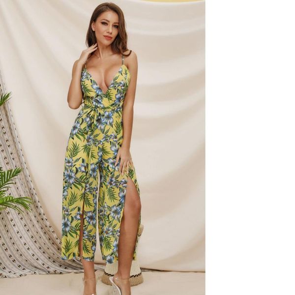 

women's jumpsuits & rompers summer women jumpsuit boho v-neck playsuit chiffon romper split printing beach overalls, Black;white