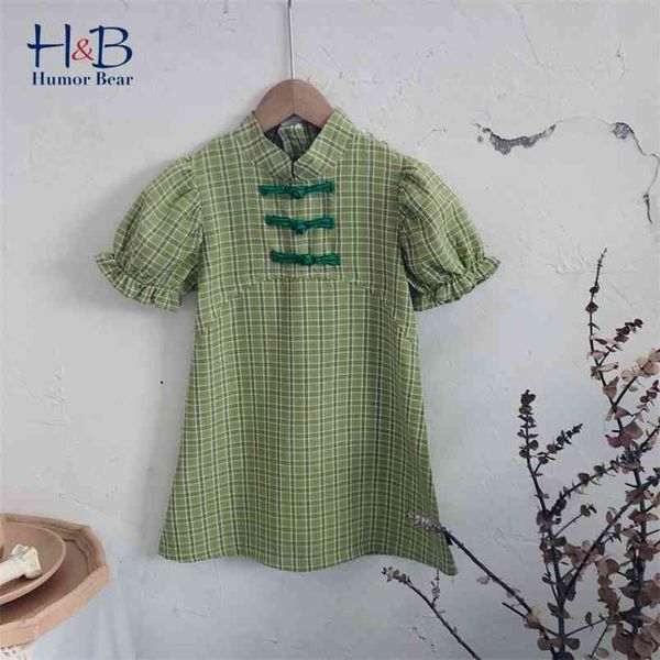 

girls dress summer chinese style kids plaid cheongsam puff-sleeve print princess dresses toddler clothes 210611, Red;yellow