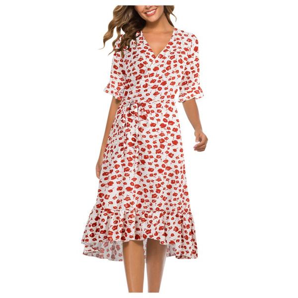 

casual dresses 2021 fashion floral print vintage dress summer women printing short sleeve lace belt mid-calf black sundress, Black;gray