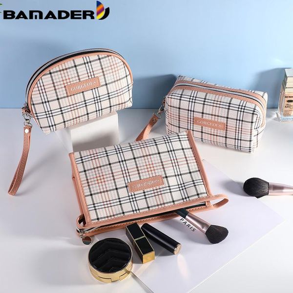 

cosmetic bags & cases bamader bag girl women lipstick outing portable toiletry cosmetics organizer fashion beige plaid makeup
