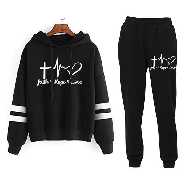 

faith hope ecg love printed parallel bars striped sweater set for women, Black