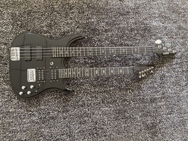 Редкие в форме глянцевые черные двойные шеи электрические басы гитара 4 струны бас + 6 струнных гитары, хромированное оборудование, мост тремоло