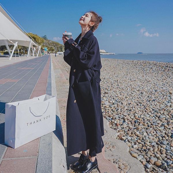 

women's wool & blends black windbreaker middle and long style 2021 spring autumn high-end atmosphere temperament goddess fan