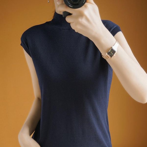 

women's t-shirt xiaowang silk knitted sleeveless ins solid color half high collar loose casual bottoming vest thin, White