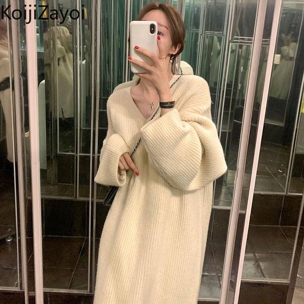 

casual dresses koijizayoi 2021 autumn winter thick sweater pullovers dress women basic loose long female v neck bottoming maxi, Black;gray