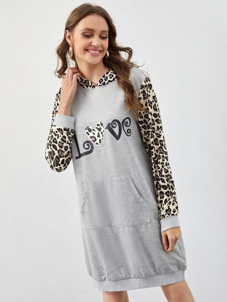 

leopard and letter graphic hoodie dress p2qp#, White;black