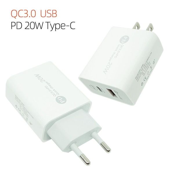 20W PD + QC3.0 tipo c carregador de parede rápida carregadores UL UE US Plug for Telefone 12 13 Xiaomi Samsung Nota 10 20 S21 Telefones Inteligentes