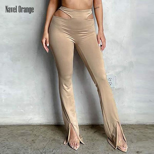 

women's pants & capris women casual boot cut solid full summer high waist hollow out slit ladies trousers elastic streetwear drop, Black;white