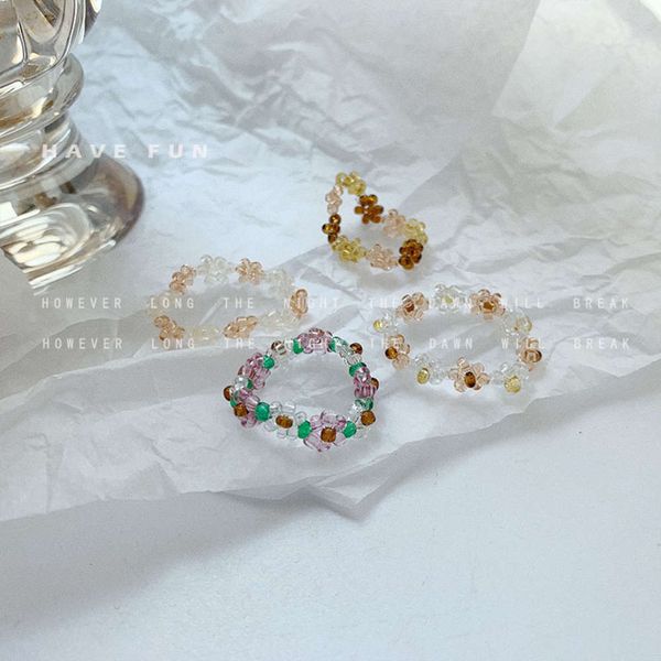

korean temperament full lovely beaded mori flower color contrast personality design super fairy ring elastic tide, Black