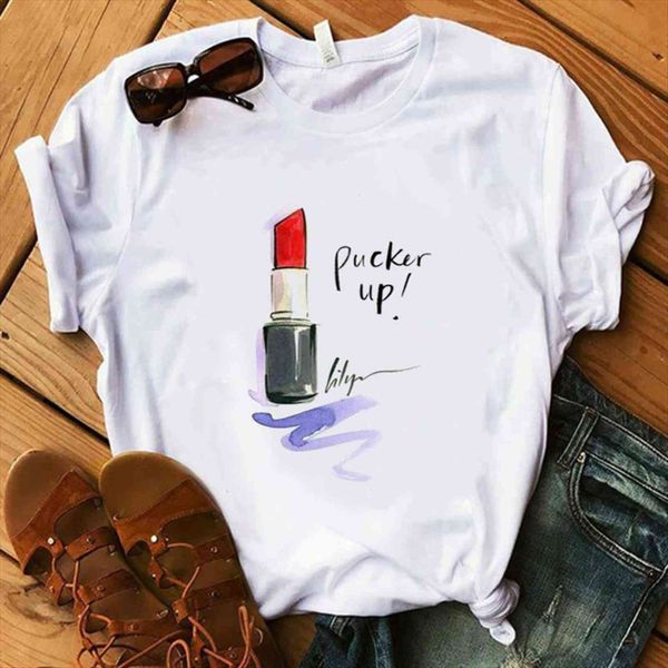 

summer make up collection women t shirts lipstick party harajuku hipster, White