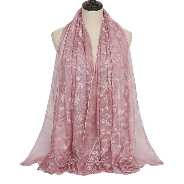 

embroidered hijab polyester scarf shawls solid color floral rhinestone scarves large size plain muslim women headband, Blue;gray