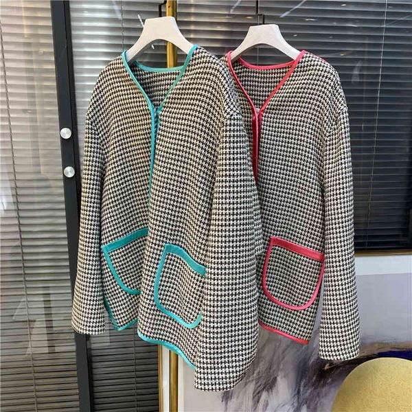 

jacket 2021 autumn and winter women's color matching plaid tweed houndstooth short coat vgvs, Black;brown