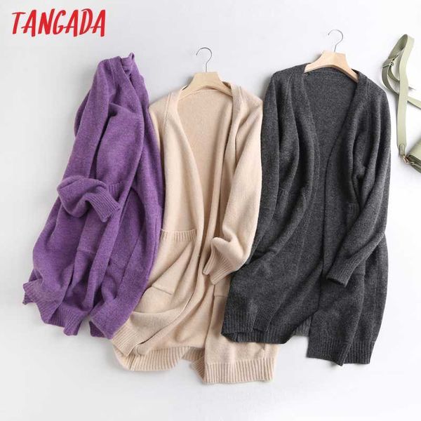 

tangada women elegant solid long cardigan vintage jumper autumn winter fashion oversized knitted cardigan coat bc83 210609, White