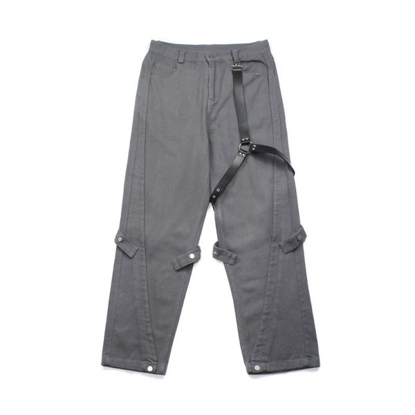 

men's pants autumn high street fashion solid color tie overalls ins dark trend hip-hop loose straight casual punk streetwear, Black