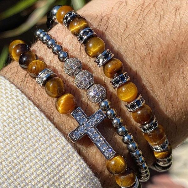 

luxury men bracelet set cz pave cross charm natural stone tiger eye beaded macrame friendship adjustable beaded, strands, Black