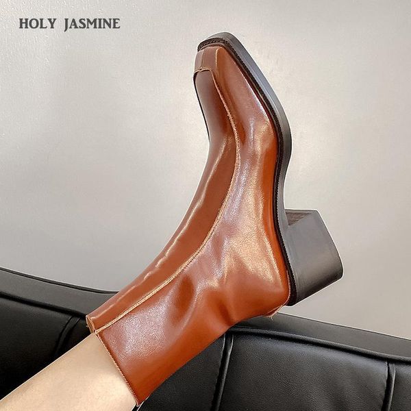 

boots genuine leather women's shoes 2021 winter autumn office brown black ankle 34-40 size square toe 5.5cm high heels booties