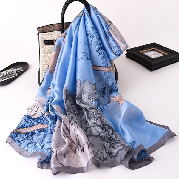 

spring women silk scarf fashion flower print summer sunshade beach towel shawls female foulard wrap stole hijabs scarves, Blue;gray