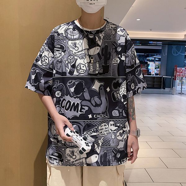 

t-shirts anime fried men's street t-shirt fashion summer high big size loose couple half sve short, White;black
