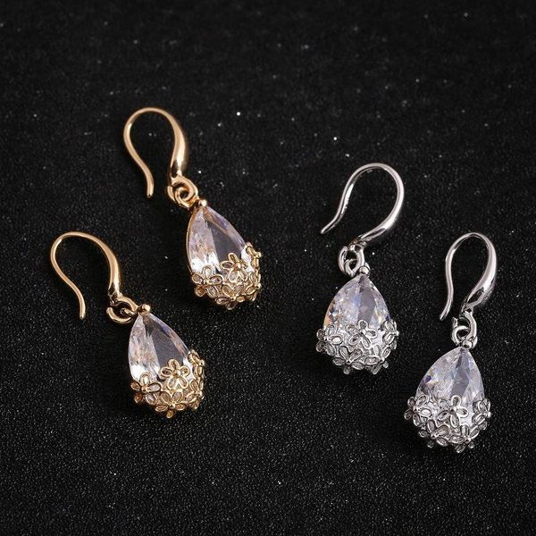 

drop-shaped zircon gold-color hook drop earrings for women flowers hollow crystal dangle fashion jewelry & chandelier, Silver