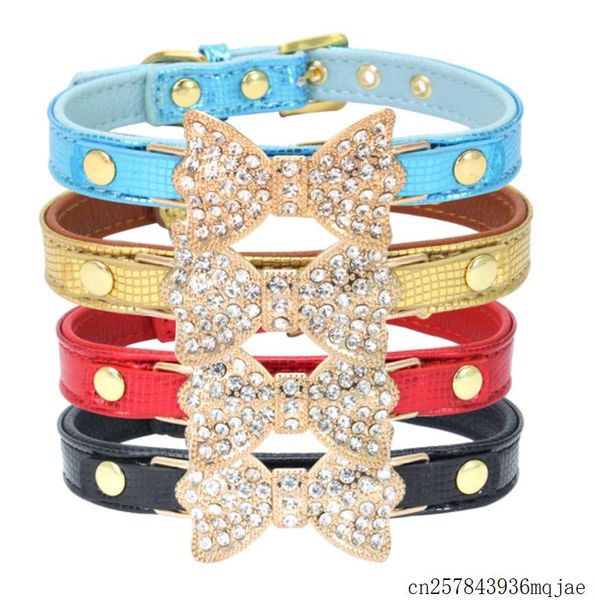 

50pcs dog collars pu leather collar for pet cat snake bright with diamond butterfly & leashes