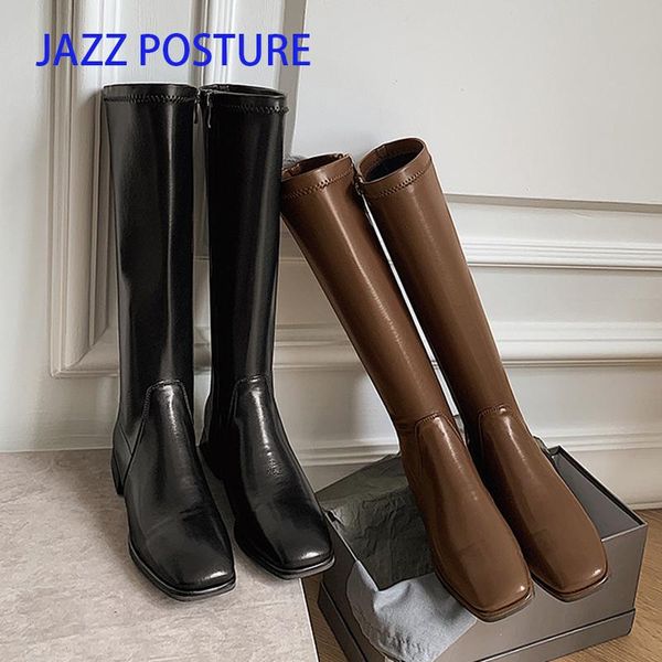 

boots band designer fashion superfine fiber women knee high square toe side zipper low-heeled black brown z644