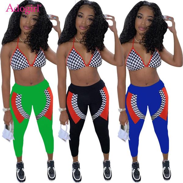 

women's tracksuits adogirl plaid print color patchwork two piece set women tracksuit bra fitness ankle length pants leggings joggin, Gray