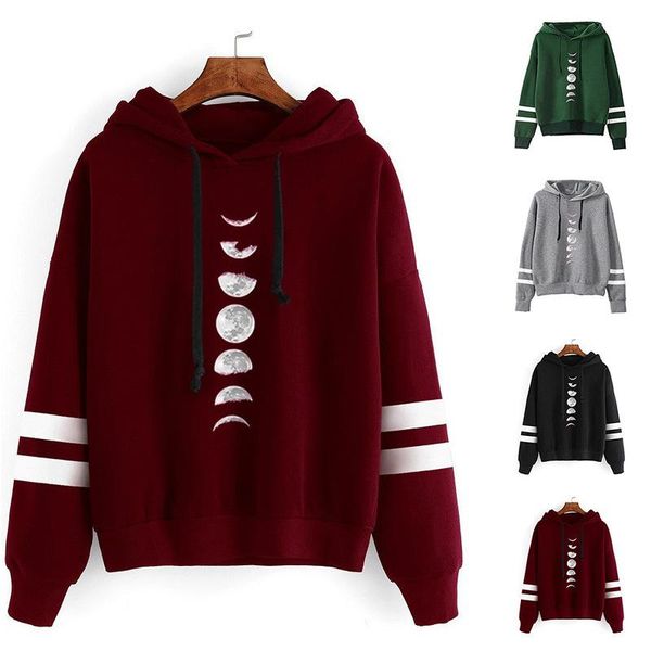 

women's hoodies & sweatshirts women hoodie moon r printed double striped long sleeve fleece sweatshirt with hat girls pullovers, Black
