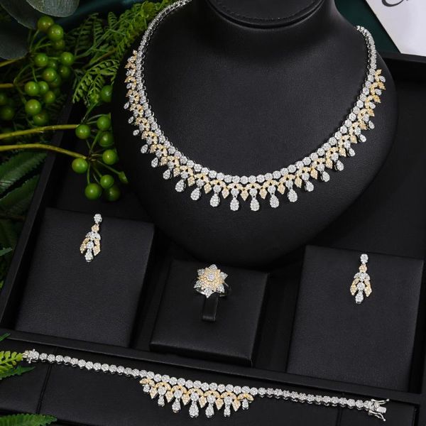 

earrings & necklace tassel drop 4pcs african jewelry set for women party gift dubai cubic zircon nigeria wedding sets, Silver
