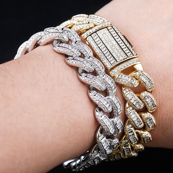 

hip hop bling iced out square cz stone paved 16mm wide round cuban link chain bracelet for men rapper jewelry drop link,, Black