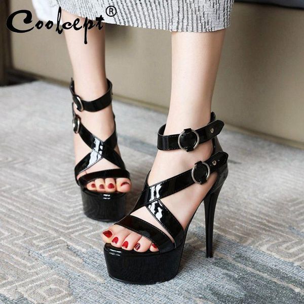 

coolcept 2021 pu leather platform sandals open toe summers ladies buckle back zipper thin high heel fashion women shoes, Black