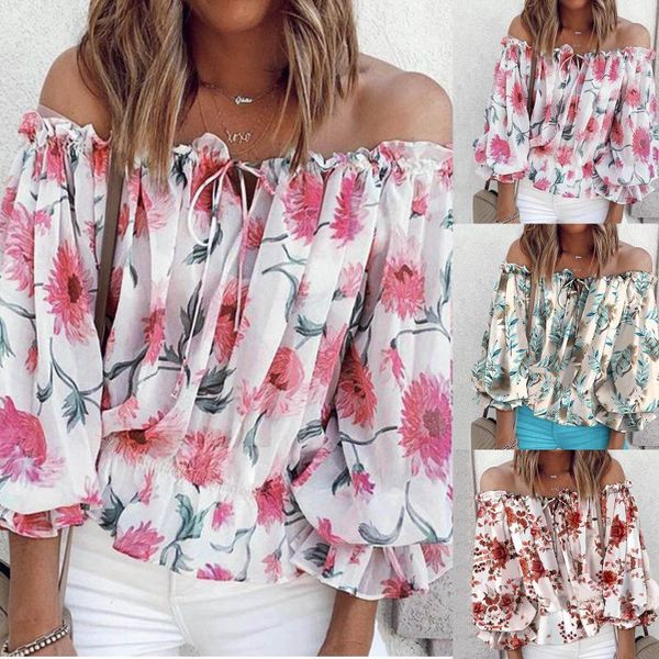 

women's blouses & shirts flower ladies summer short one-neck cool casual fashion print blouse tunique femme bluzki damskie, White