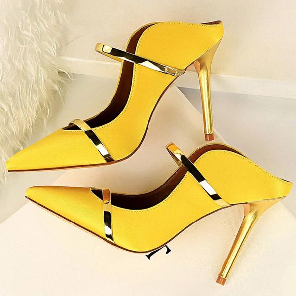 

slippers 2021 women fetish 10cm high heels slides female summer mules satin lady slip on yellow sandals silk strange shoes, Black