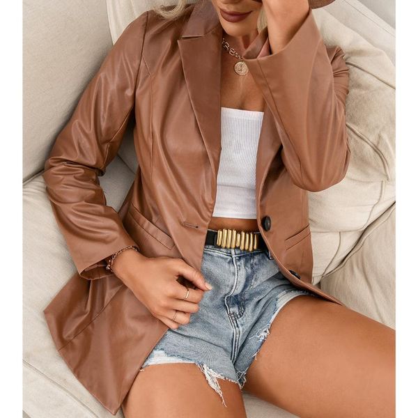 

women's jackets women casual single breasted pockets pu long sleeve shawl collar khaki high street coat 2021 autumn fashion outwear, Black;brown
