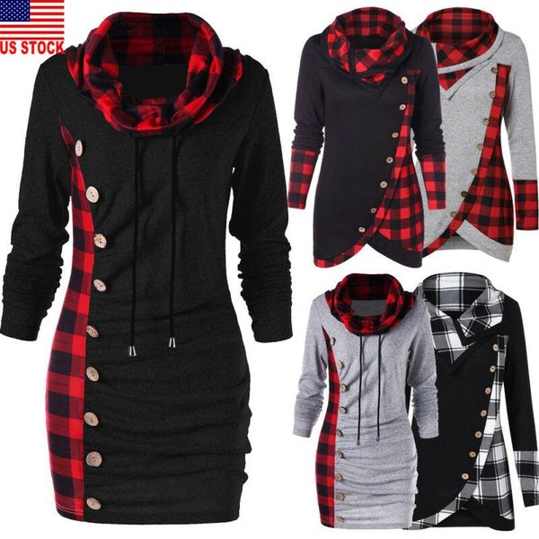 

women's hoodies & sweatshirts plus size m-2xl womens long sleeve patchwork plaid pullovers jumper sweater sweatshirt dress loose casual, Black
