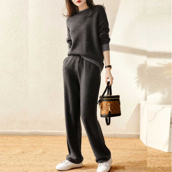 

mastgou drawstring knitted wide leg women straight pants suits chic o neck pullover sweater 2/two piece tracksuits 210930, White