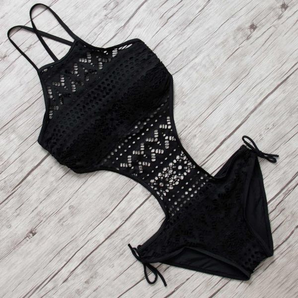 

one-piece suits swimsuit women one pieces swimwear female hollow monokini black halter bathing suit pad swimming solid bodysuit 2021